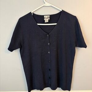 Vtg CLIO Navy Blue Silk Cotton Short Sleeve Embroidered Cardigan Sweater Top Med